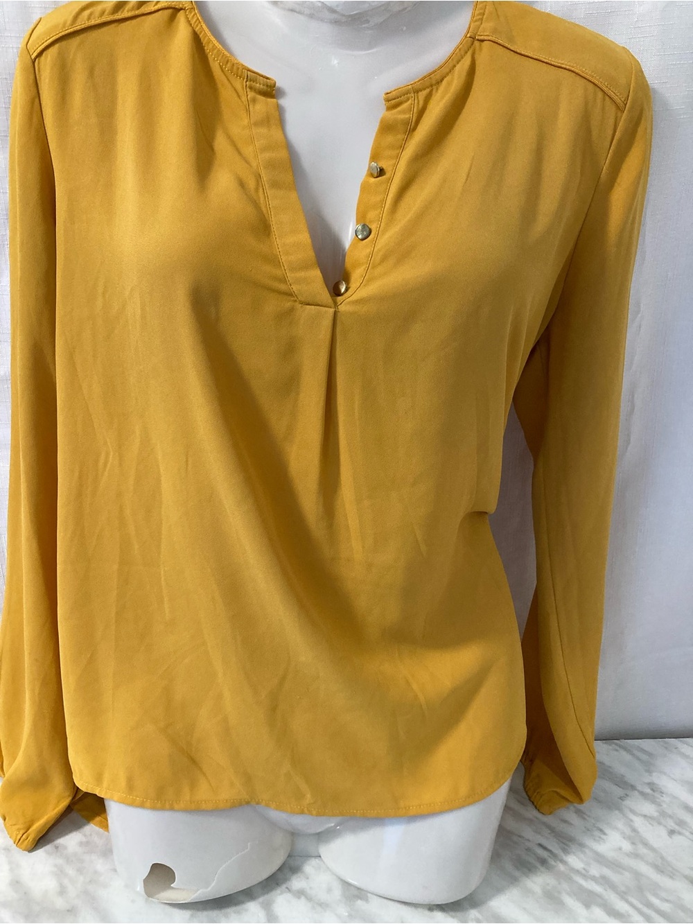 Cache Cache Mustard Yellow Split Neck Button Blouse Top Size S 36